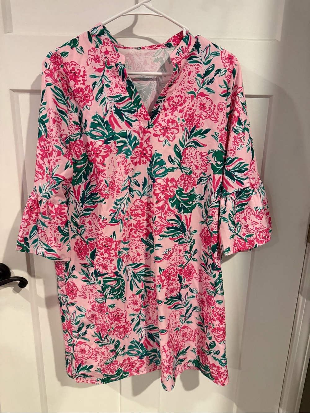 Pink Floral Midi Dress with Green Leaf Print
